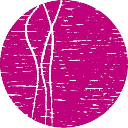 Logo der Naturheilpraxis Waltraud Berchtenbreiter in Freiburg: pinkfarbener Kreis mit Faserstruktur, auf der linken Seite durchziehen den Kreis senkrecht drei dünne weiße Linien, die Linien sind geschwungen, zwei überkreuzen sich